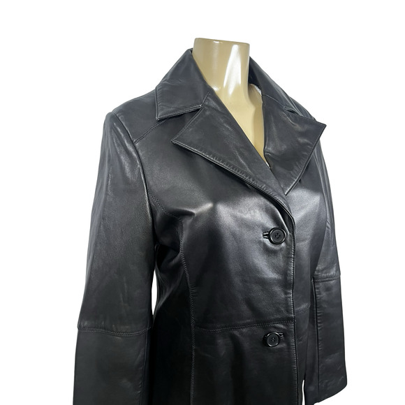 Winlit Leather Jacket Womens Black Genuine Blazer Notch Lapel Button Front Lined - Picture 1 of 13